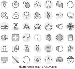 Editable thin line isolated vector icon set - medical cross vector, ambulance star, stethoscope, head reflector, car, monitor pulse, tooth, implant, lungs, carrot, liquid soap, toaster, egg, potato