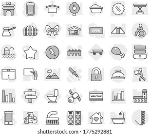Editable thin line isolated vector icon set - bow, singlepost, chicken leg, mansion, arch, bridge, modern architecture, pyramid, invalid, service bell, toilet, electricity, fence, phone vector, pool