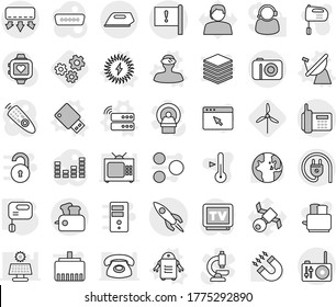 Editable thin line isolated vector icon set - important flag, phone, rocket, satellite antenna vector, server, usb flash, vr helmet, robot, solar power, mixer, gears, windmill, toaster, thermometer