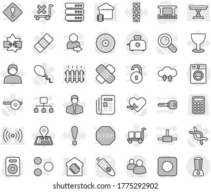 Editable thin line isolated vector icon set - navigator vector, attention, traffic light, support, client, glass, cargo, no trolley, calculator, film frame, disk, newspaper, remote control, speaker