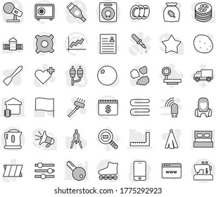 Editable thin line isolated vector icon set - ruler, vacuum cleaner vector, towel, plates, woman, garbage pile, spatula, cereal, potato, school building, drawing compass, personal information, flag