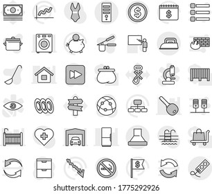 Editable thin line isolated vector icon set - pan vector, cook press, ladle, plates, blackboard, dollar coin, graph, crisis, piggy bank, flag, hierarchy, calendar, swimsuite, pool, no smoking, money