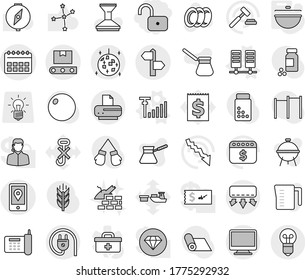 Editable thin line isolated vector icon set - unlock, calendar vector, signpost, mobile location, transporter tape, disco ball, server, antenna signal, cauldron, car fetlock, plates, measuring cup