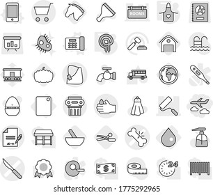 Editable thin line isolated vector icon set - journey, broken bone vector, hand, scalpel, repair, acid, inventory, cart, antique column, drop, cutting board, office phone, apron, elecric oven, horse