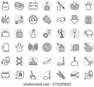 Editable thin line isolated vector icon set - dollar coin, remove from basket, shopping list, donut, mortar vector, sperm, surgical clamp, measuring tape, stadium, palm, wireless, scoop, dna, edit