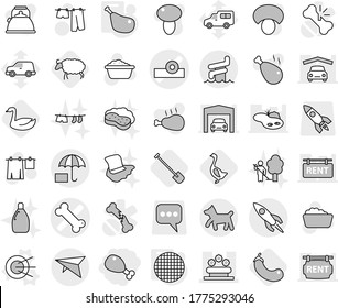 Editable thin line isolated vector icon set - chicken leg, head reflector vector, bone, flower bed, insurance, rocket, deltaplane, aquapark, dog, satellite, sieve, shovel, goose, eggplant, sheep