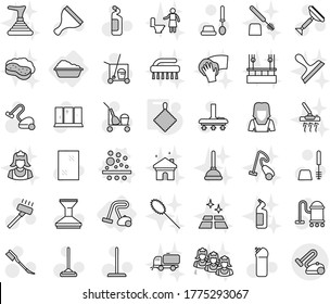 Editable thin line isolated vector icon set - washing, vacuum cleaner, filter vector, rag, scraper, trolley, mop, car fetlock, window cleaning, toilet brush, agent, shining, woman, sweeper, wiping