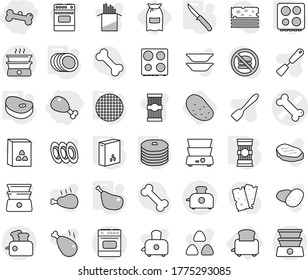 Editable thin line isolated vector icon set - chicken leg, bone, vector, toaster, knife, hob, plates, sieve, cereals, pasta, steake, pancakes, flour, potato, spatula, oven, double boiler, cereal