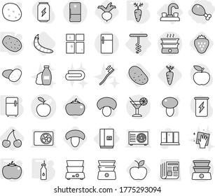 Editable thin line isolated vector icon set - chicken leg, apple vector, cocktail, water tap, fridge, corkscrew, vegetable oil, potato, tomato, carrot, cherry, mushroom, beet, strawberry, peas, diet