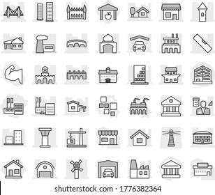 Editable thin line isolated vector icon set - store, tower, bridge, library, skyscrapers, shop, mall, airport building, minaret, house with garage, barn, factory, japanese, windmill, fort, level