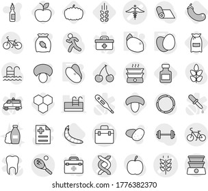 Editable thin line isolated vector icon set - doctor bag vector, dna, spikelets, ambulance sign, bike, tennis, eggs, beans, lemon, honeycombs, cherry, mushroom, flour, eggplant, apple, pills bottle