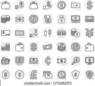 Editable thin line isolated vector icon set - dollar coin, money, exchange vector, japanese candle, wallet, cash, investment, stack, check, shield, monitor, pound, yen sign, cent, magnifier, purse