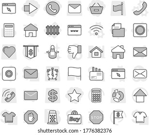 Editable thin line isolated vector icon set - remove from basket, star, right arrow, phone, ring button, radiator, vector, wireless, browser window, grater, apron, calculator, flag, up, dollar, call