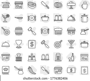 Editable thin line isolated vector icon set - receipt, shop, hot drink, cocktail, cafe, restaurant, cutting board, pan, chief hat, chef knife, salt pepper, plates, fork spoon plate, grater, steake
