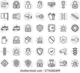 Editable thin line isolated vector icon set - lock, ambulance helicopter vector, stairs, security man, surveillance, key, safe, shield, life vest, lifebuoy, unlocked, intercome, camera, siren, sign