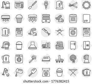 Editable thin line isolated vector icon set - air conditioning, iron, board, fridge, bucket, mixer, vacuum cleaner, kettle, kitchen scales, spatula, grill oven, elecric, induction, double boiler