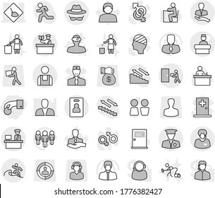 Editable thin line isolated vector icon set - hand coin, hospital recieption vector, under construction, client, support manager, customs control, courier delivery, security man, workman, inspector