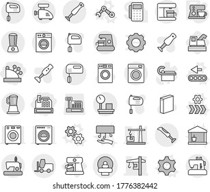Editable thin line isolated vector icon set - cashbox, tomography vector, tower crane, fork loader, warehouse scales, coffee maker, gear, gears, conveyor, robot hand, harvester, washer, utility room