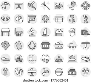 Editable thin line isolated vector icon set - market, barn, flower bed, perishable, tourist, lounger, hawaiian wreath, pool, restaurant, flippers, diving mask, tennis, golf, jet ski, palm hammock
