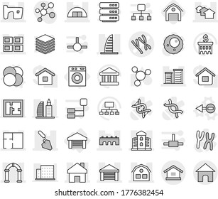 Editable thin line isolated vector icon set - chromosomes vector, bridge, home, skyscraper, houses, slum, garage, hangare, panel house, building, district, construction, plan, arch, washing machine