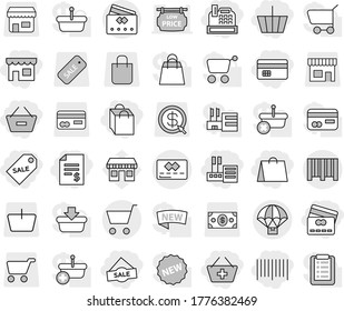 Editable thin line isolated vector icon set - basket, credit card, account balance, add to, remove from, shop, store, shopping bag, sale label, bar code, cashbox, parachute delivery, cart, money