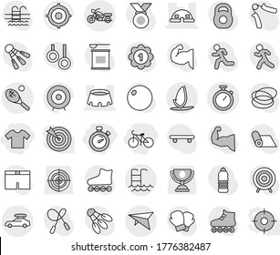 Editable thin line isolated vector icon set - t shirt, stopwatch, bike, dome house, stadium, car baggage, deltaplane, motorcycle, pool, tennis, windsurfing, target vector, weight, jump rope, fitball