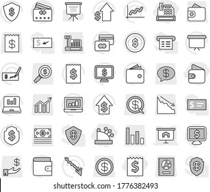 Editable thin line isolated vector icon set - receipt, wallet, cashbox, presentation, credit card, vector, dollar coin, graph, laptop, crisis, growth, check, board, shield, monitor, magnifier, money