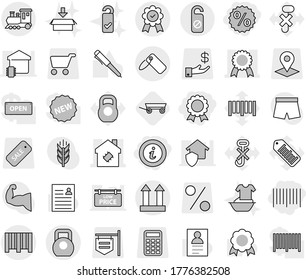Editable thin line isolated vector icon set - percent, bar code, medal, info, smart house, cargo top sign, heavy, label, train, do not distrub, trailer, package, handle washing, please clean, shorts