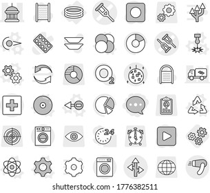 Editable thin line isolated vector icon set - balloon, crutch vector, goverment house, route, disco ball, first aid, inflatable pool, gear, gears, atom, core, photon, electron, laser, recycle, cd
