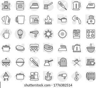 Editable thin line isolated vector icon set - hot drink, medical thermometer vector, air ballon, sun, conditioning, coffee maker, hair dryer, pan, cup, fireplace, bbq, ladle, saute, kettle, turk