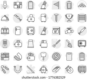 Editable thin line isolated vector icon set - dollar coin, nail, tooth implant vector, construction, rack, safe, water tap, fridge, stands for knives, robot, big fork, knife holder, horseshoe, dish