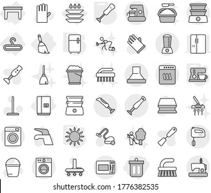 Editable thin line isolated vector icon set - bin, table, hanger, fridge, broom, plate washing, gas oven, blender, coffee maker, water tap vector, vacuum cleaner, fetlock, mop, bucket, sponge, foam