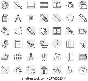Editable thin line isolated vector icon set - pencil, lipstick, broken bone vector, fence, ruler, water tap, salt pepper, cow, shovel, harvest, splotch, welcome mat, washboard, rake, rolling pin