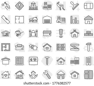 Editable thin line isolated vector icon set - store, tools, nail, greate wall, mansion, skyscraper, minaret, houses, house with garage, panel, window, block, level, plan, bungalow, home, hammer