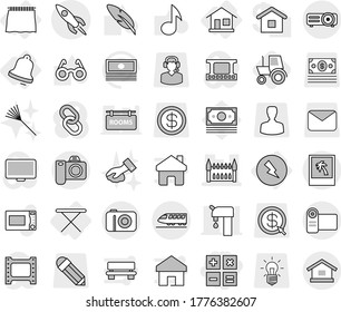 Editable thin line isolated vector icon set - calculator, gothic architecture, rocket, train, photo, home, curtain, electricity, iron board, bell, tractor, rake, wiping, microwave oven vector, pen