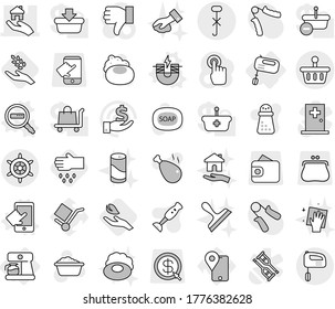 Editable thin line isolated vector icon set - real estate, do not hook sign, basket, handwheel, mixer, coffee maker, electric magnet vector, touchscreen, data search, harvest, hand leaf, sow, soap