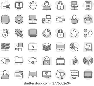 Editable thin line isolated vector icon set - calculator, loudspeaker, wireless, cpu vector, on off button, server, data transfer, cd, bug, student, notebook pc, monitor dollar, cursor, heart, touch