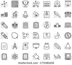 Editable thin line isolated vector icon set - calculator, pencil, chemical, electric magnet vector, school building, drawing compass, glasses, backpack, atom, pen, telescope, bell, table lamp, medal
