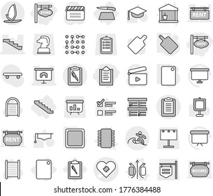 Editable thin line isolated vector icon set - clipboard, store signboard, shop, pacemaker vector, presentation, stairs, pen, surfer, windsurfing, cutting board, magnetic field, chip, circuit, exam