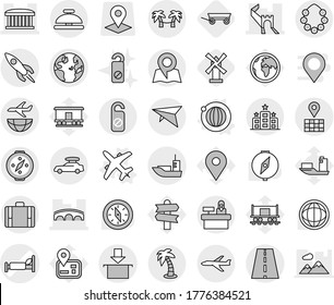 Editable thin line isolated vector icon set - hospital bed vector, greate wall, airport building, bridge, road, globe, map, sea shipping, package, rocket, plane, car baggage, deltaplane, suitcase