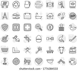 Editable thin line isolated vector icon set - delivery, medical cross vector, heart, stomach, intestines, draw compass, protected, rocking chair, slippers, laser, robot hand, colander, ladle, seeds