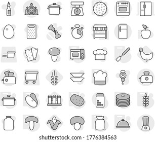 Editable thin line isolated vector icon set - hotel, pan, cook hat, spatula, grill oven, meal cap, flour, mushroom, potato, spikelets, beans, pancakes, cookies, corn, chicken, grain elevator, vector