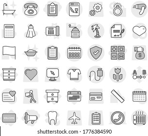 Editable thin line isolated vector icon set - clipboard, calculator, megafon, dropper vector, calendar, phone, perishable, protected, inventory, palm, nightstand, chest of drawers, welcome mat, bath