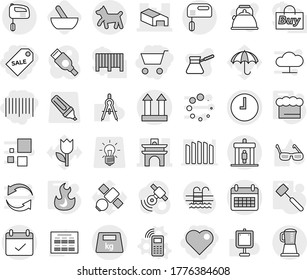 Editable thin line isolated vector icon set - cart, sale label, bar code, heart, arch, warehouse, clock, calendar, terms, cargo top sign, heavy, detector, dog, mobile phone vector, chief hat, fire