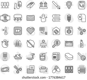 Editable thin line isolated vector icon set - sponge vector, towel, splotch, cleaning agent, toilet paper, apron, cook timer, thermometer, pen, scissors, gold ingot, cash, money search, binder, pool