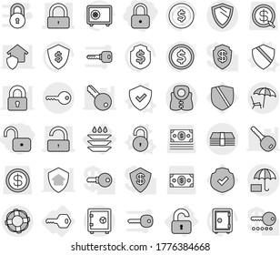 Editable thin line isolated vector icon set - lock, unlock, money, insurance, lounger, key, safe, shield, life vest, lifebuoy, unlocked, plate washing, vector, dollar coin, protected, arrow