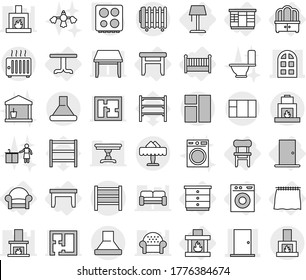 Editable thin line isolated vector icon set - door, arch window, rack, restaurant, curtain, table, chest of drawers, wardrobe, dresser, stool, chair, armchair, crib, washing machine, fireplace, hob