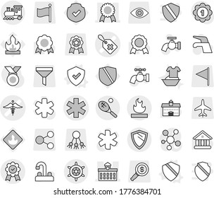 Editable thin line isolated vector icon set - ambulance star vector, medical label, sign, university, medal, flammable, train, tennis, shield, handwheel, water tap, handle washing, protected, funnel