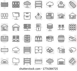 Editable thin line isolated vector icon set - archive vector, bunker, warehouse, hangare, package box, consolidated cargo, rack, pallet, server, cloud, service, barrel, grain elevator, binder, barn