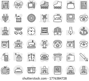 Editable thin line isolated vector icon set - bow, tv, windmill, phone, anchor, photo, service bell, wardrobe, dresser, stool, fireplace, plug vector, mobile, hand mill, cooking book, wheel, pen